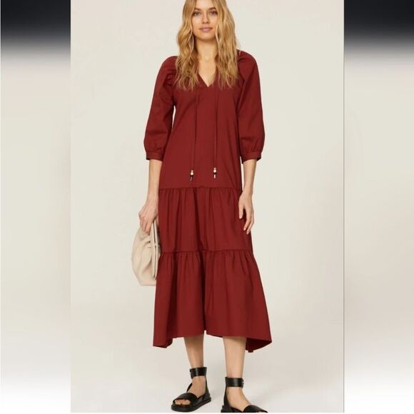 HUGO BOSS | Depera Dark Brick Red Peasant Style Midi Dress Women’s Size 6 - Picture 1 of 15